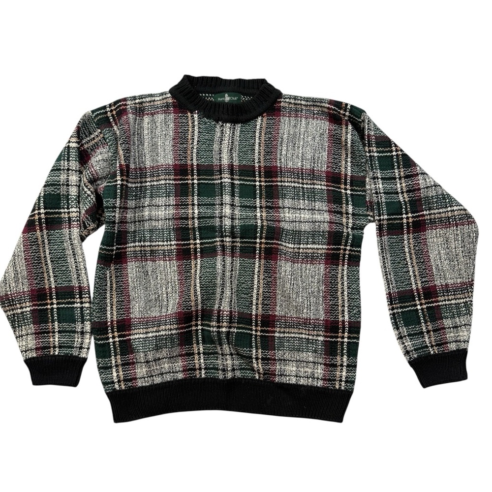 Vintage Hunt Club Plaid Crewneck Sweater – Holiday/Tartan Knit Cotton Medium